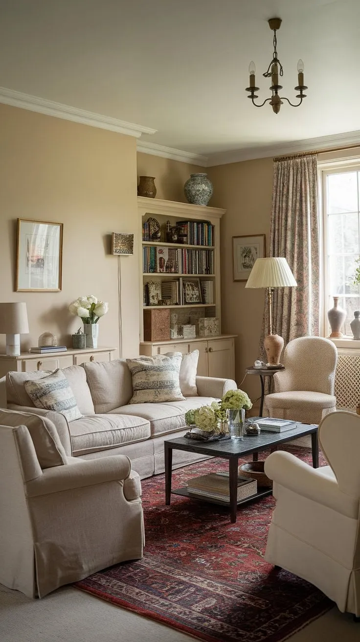Escape to tranquility in this charming country living room.  The English country decor, complete with a cozy sofa and Persian rug, creates the perfect atmosphere for relaxation. This country house interior exemplifies the best of English country style, offering a haven of comfort and understated elegance in its cottage living rooms lounge design.