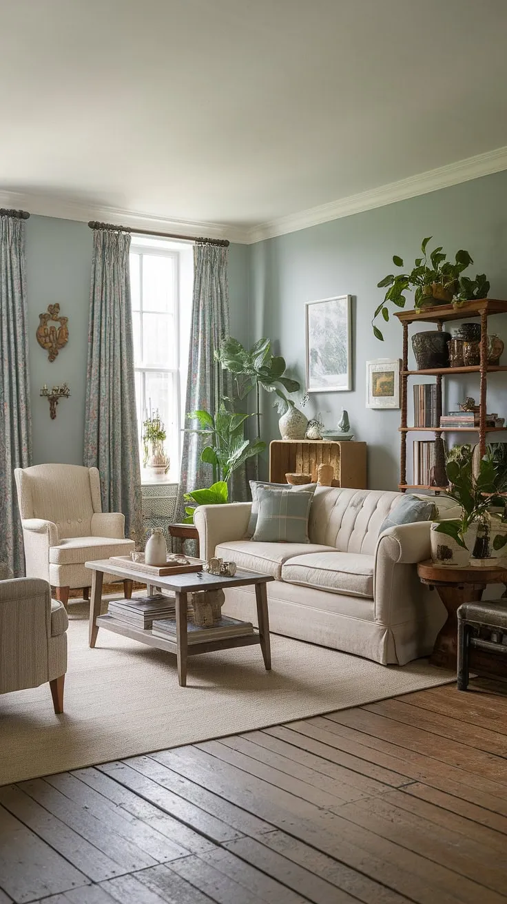 Step into the heart of this charming country living room, where English country decor creates a haven of tranquility.  The soft blue walls, wooden floors, and comfortable seating embody the quintessential English country style, making it the perfect space for relaxation and cherished moments. This country house interior, with its thoughtful lounge design and cottage living rooms aesthetic, invites you to unwind and embrace the beauty of simple country living.