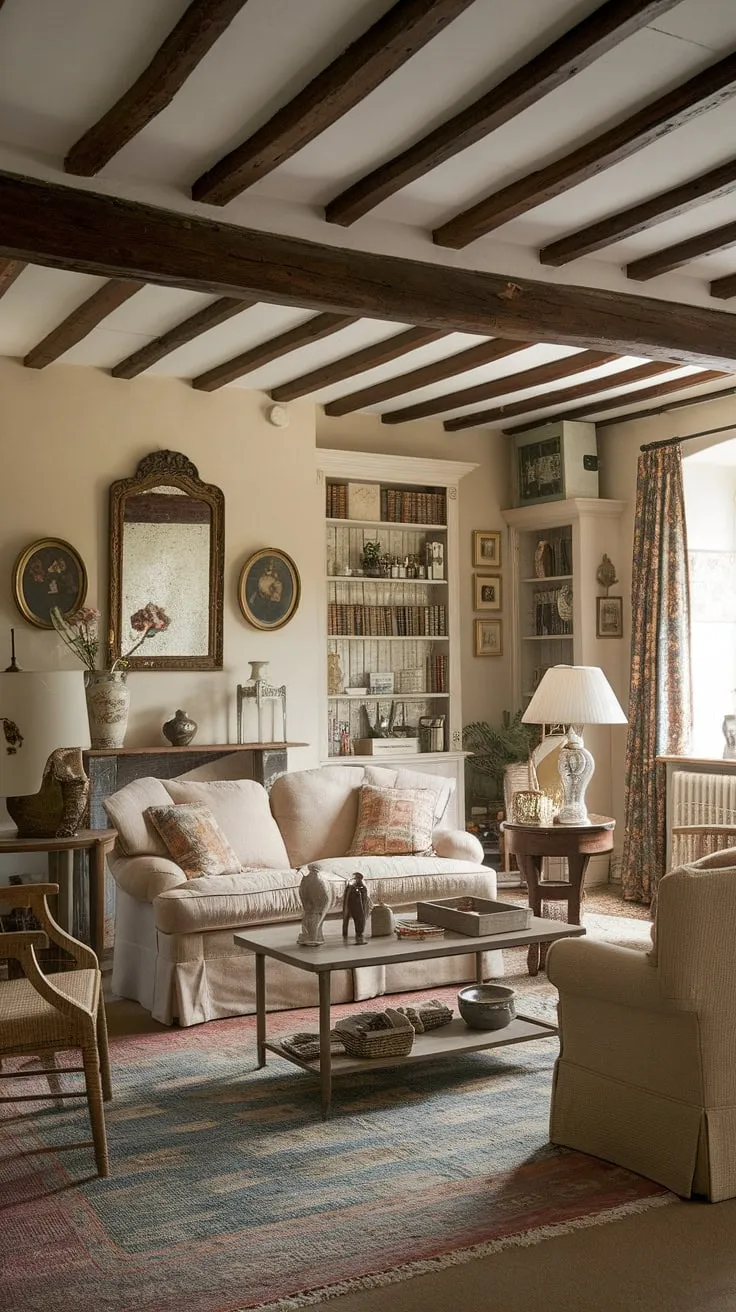 Escape to the tranquility of this charming English country style living room.  The exposed beams and antique accents create a cozy atmosphere perfect for relaxation, showcasing the best of cottage living rooms and lounge design. This country house interior embodies the essence of English country decor.