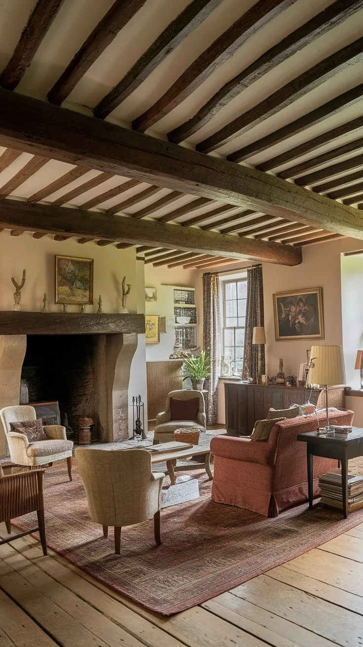 Embrace the cozy charm of this country living room, a perfect example of English country decor.  The rustic wooden beams, stone fireplace, and plush furnishings create a welcoming country house interior, showcasing the timeless elegance of English country style. This lounge design is the epitome of cottage living rooms.