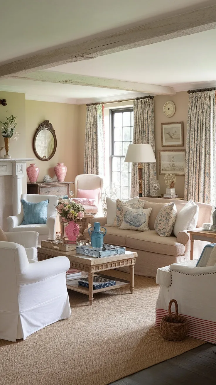 Step into the heart of this charming country living room, where English country decor creates a haven of tranquility.  The soft beige and white palette, accented with pops of pink and blue, perfectly embodies the English country style, making this cottage living room the epitome of comfortable lounge design.  Every detail, from the vintage lamp to the carefully chosen artwork, speaks to the beauty of a country house interior.