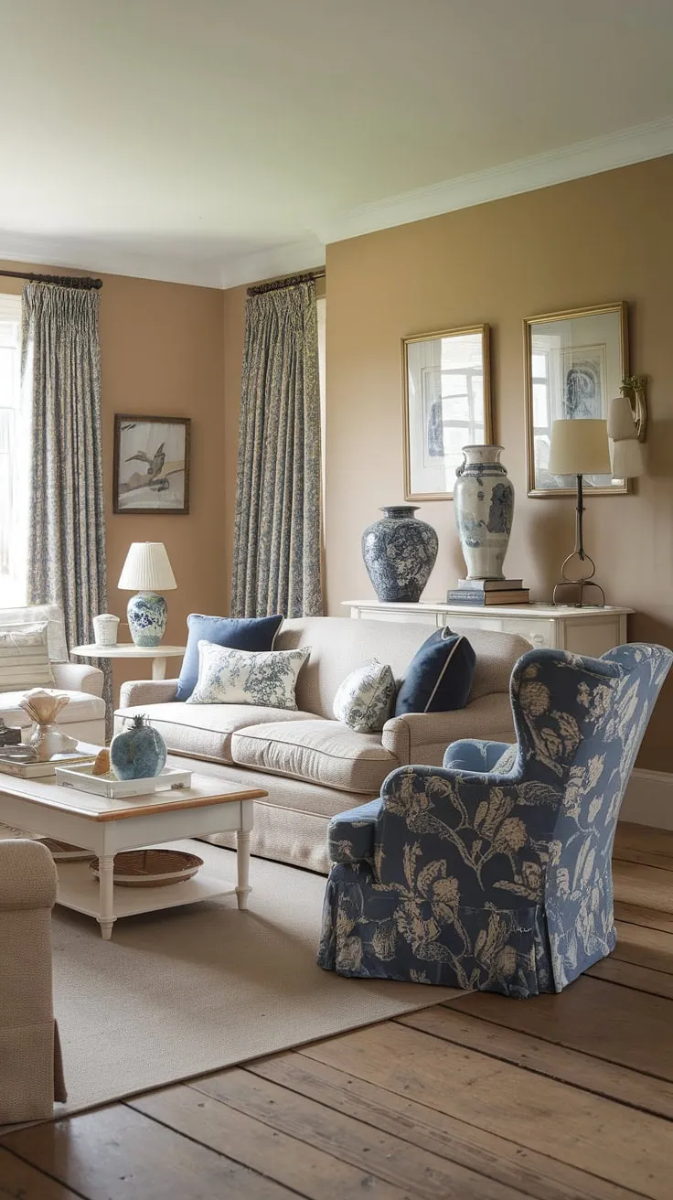 Embrace the charm of this country living room, showcasing the quintessential elegance of English country decor.  The soft hues and floral accents create a tranquil atmosphere perfect for relaxation, reflecting the best of cottage living rooms and lounge design within this beautiful country house interior.