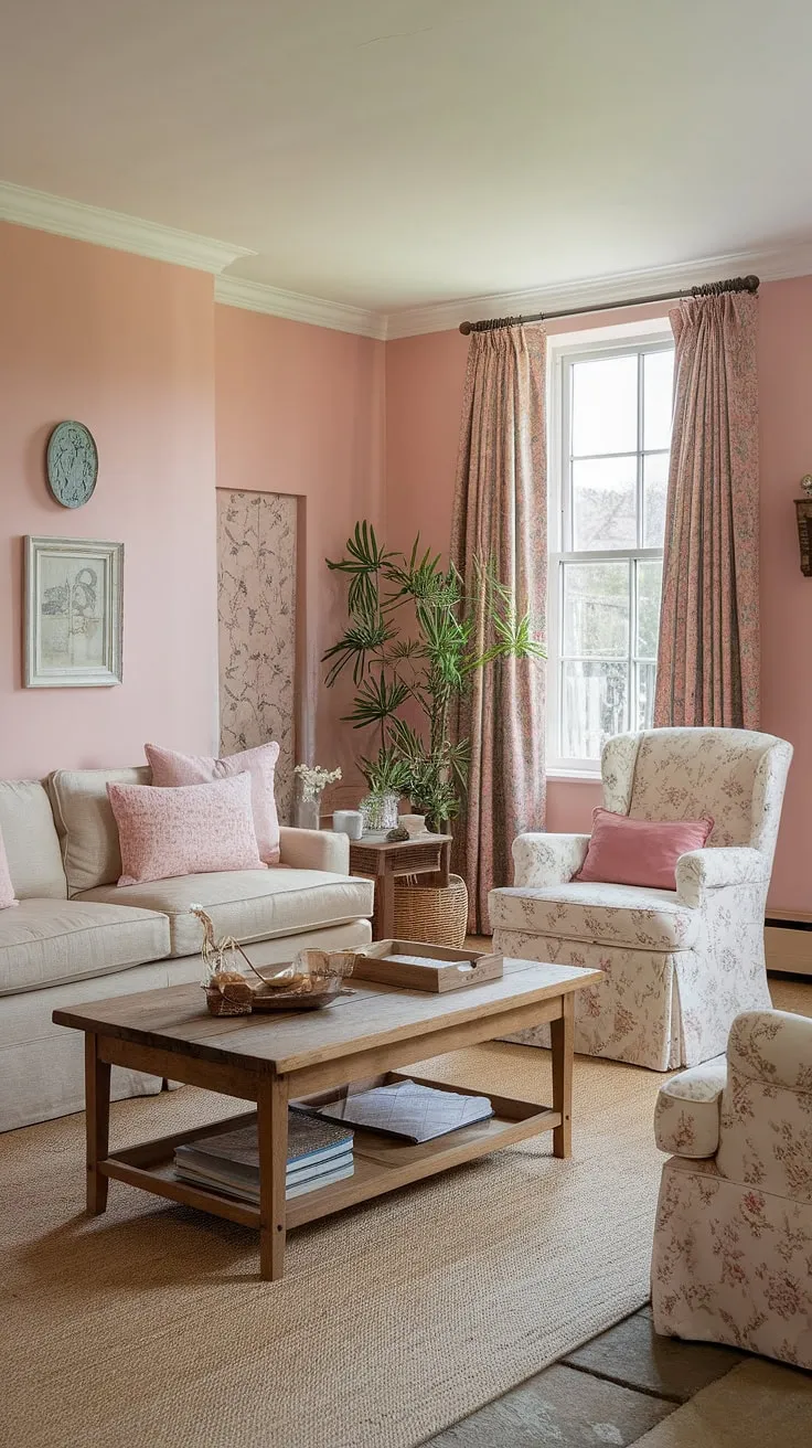 Step into the heart of this charming country living room, where English country decor creates a haven of tranquility.  The soft pink walls, floral accents, and cozy furnishings embody the quintessential English country style, making it the perfect space for relaxation and effortless elegance within this beautiful country house interior. This cottage living rooms design showcases the best of lounge design, blending comfort and sophistication.
