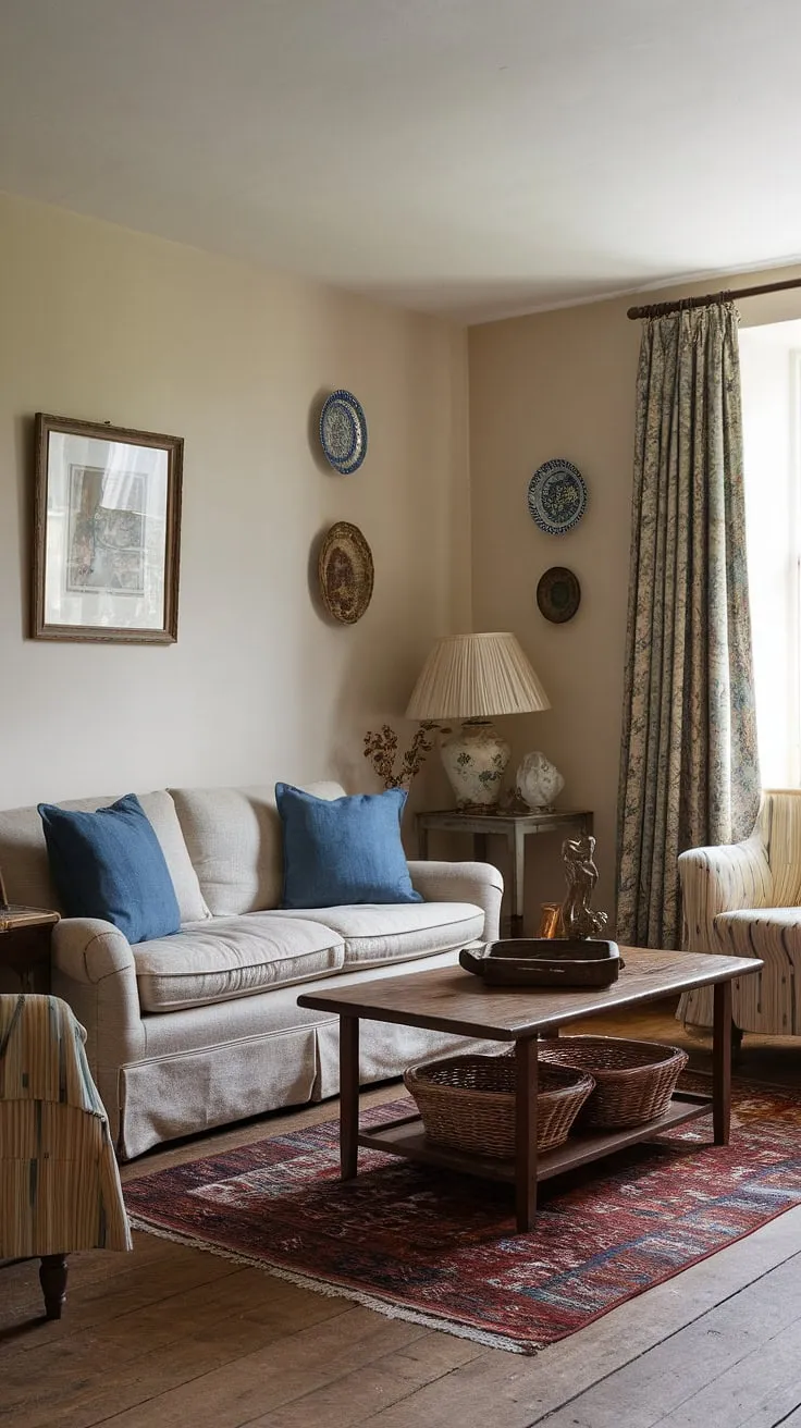 Escape to the tranquility of this charming country living room, showcasing the quintessential elegance of English country decor.  The lounge design, complete with a cozy sofa and patterned rug, perfectly embodies the spirit of a country house interior, inviting relaxation and warmth.