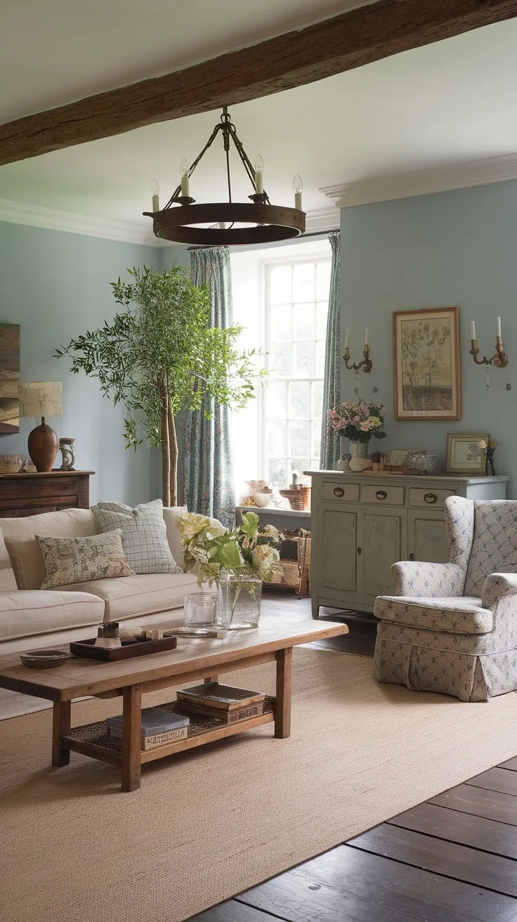 Escape to tranquility in this idyllic country house interior.  This English country style lounge design boasts a captivating blend of comfort and charm. The beige sofa, wooden coffee table, and thoughtfully chosen accents create a welcoming atmosphere, perfectly embodying the spirit of cottage living rooms and English country decor.  A true testament to the beauty of country living room design.
