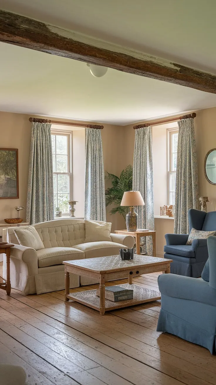 Sunlight streams into this charming English country style living room, showcasing the perfect blend of comfort and rustic elegance.  The beige sofa, blue armchair, and patterned coffee table create a cozy atmosphere, reflecting the quintessential beauty of cottage living rooms and showcasing a sophisticated lounge design within this country house interior.