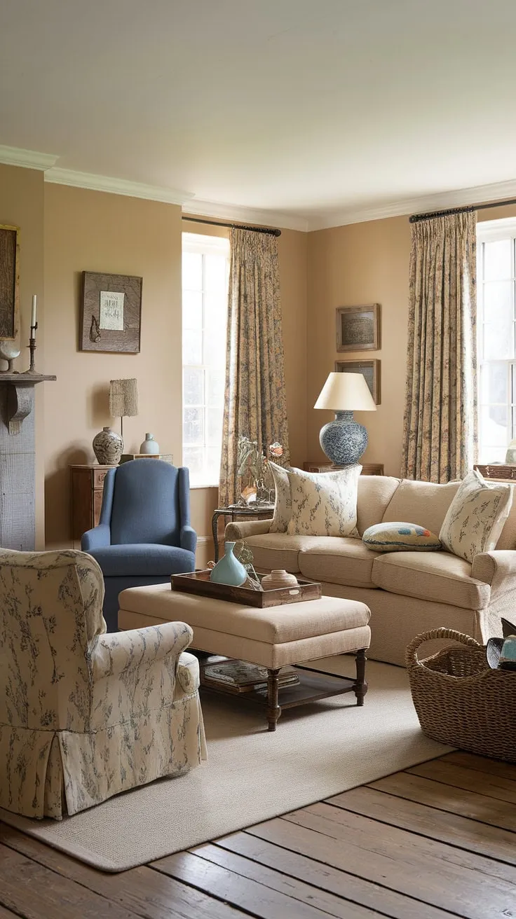 Step into the heart of this charming country living room, where English country decor creates a haven of tranquility.  The soft beige palette, complemented by pops of blue, embodies the quintessential English country style, making it the perfect space for relaxation and comfortable cottage living rooms lounge design.