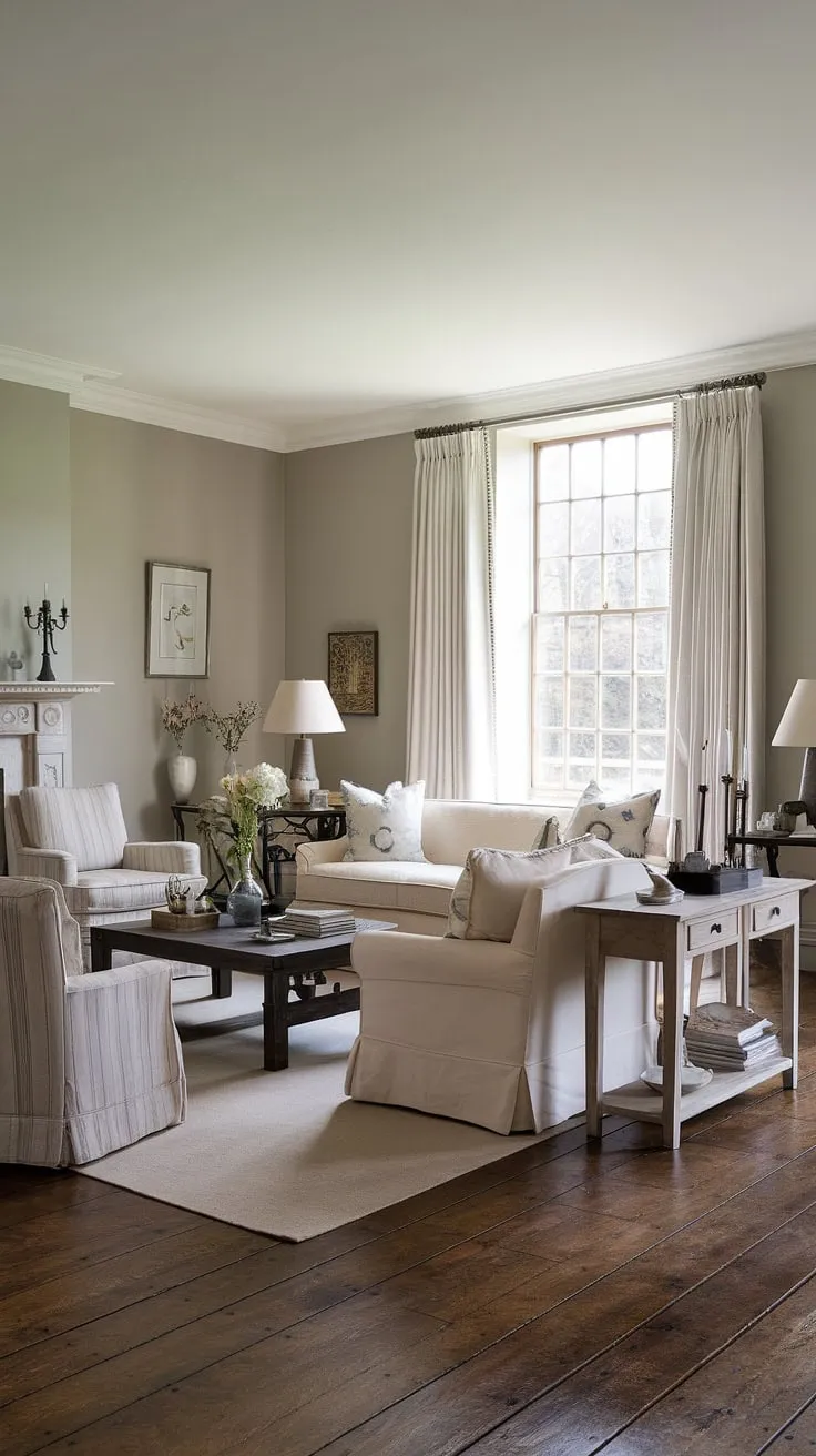 Escape to the tranquility of this English country style lounge.  The inviting atmosphere of this country living room, with its warm beige tones and dark wood accents, speaks to the heart of cottage living rooms.  Every detail, from the carefully chosen decorative items to the natural light flooding the space, reflects the timeless beauty of English country decor and thoughtful country house interior design.