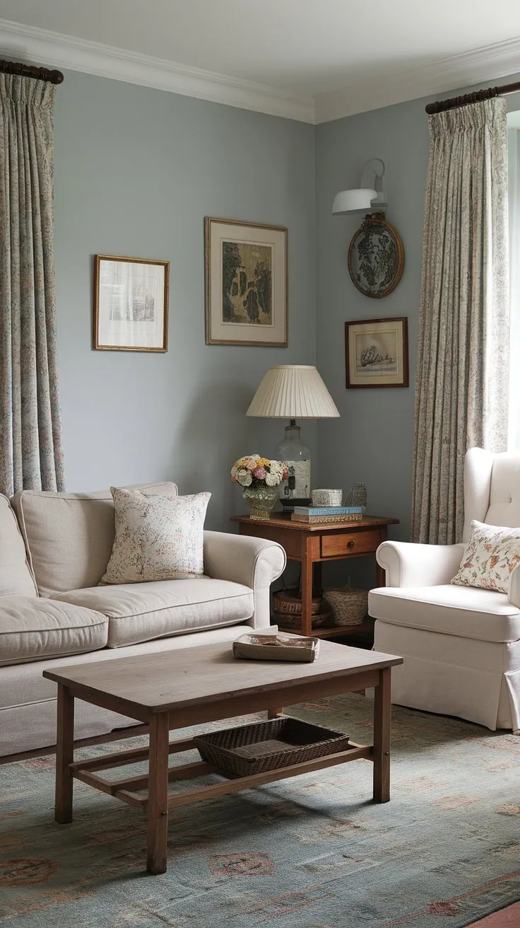 This country living room showcases the quintessential beauty of English country style.  The carefully curated details, from the patterned throw pillows to the wooden coffee table, create a serene and elegant cottage living rooms space that whispers of peaceful country life.