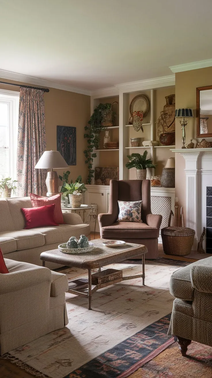 This English country style lounge design is the epitome of country house interior.  The carefully curated details, from the patterned rug to the thoughtfully placed plants, create a welcoming atmosphere in this charming cottage living room.  Experience the beauty of English country decor in this inviting space.