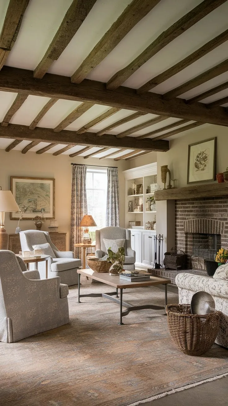 Escape to the tranquility of this English country style cottage living room.  The rustic details, from the exposed wooden beams to the brick fireplace, blend seamlessly with the comfortable furniture and patterned rug, creating a stunning country house interior. This lounge design perfectly captures the essence of English country decor, offering a space of unparalleled comfort and charm.