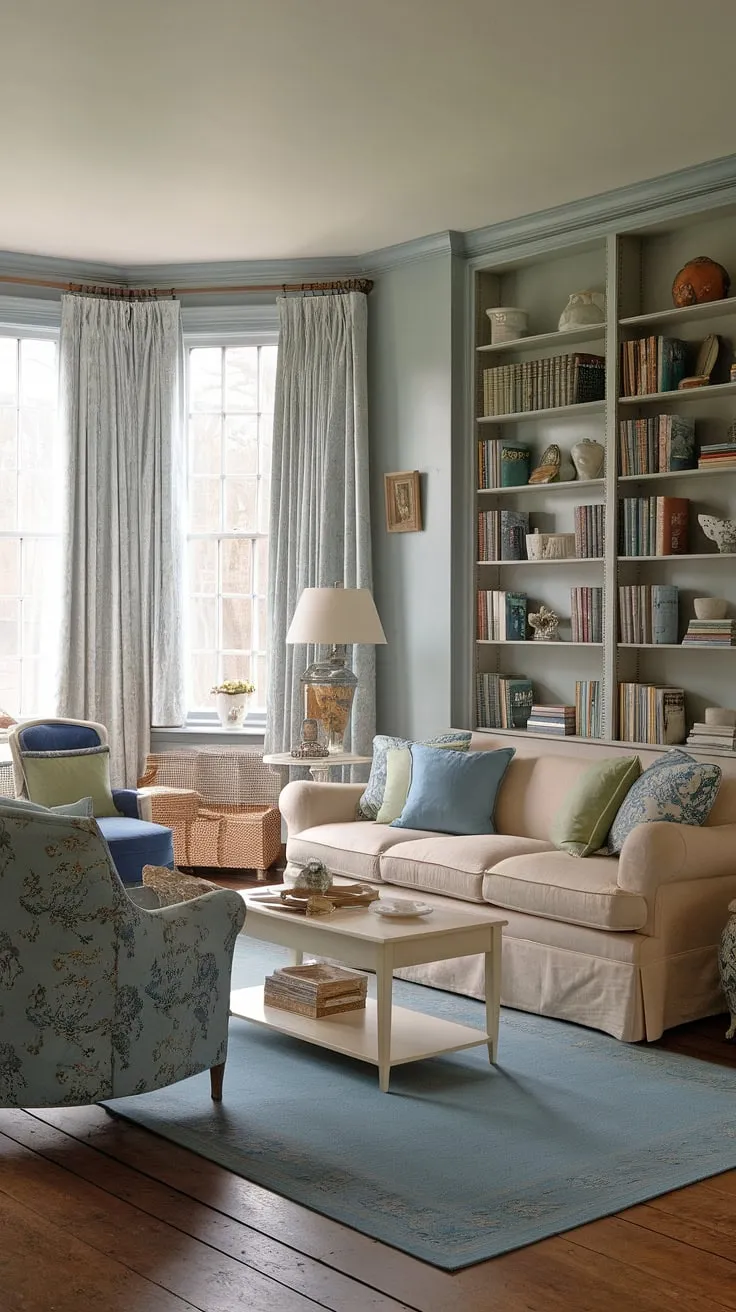 This English country style lounge design is the epitome of country house interior.  The calming blue hues, floral accents, and cozy furnishings create a welcoming atmosphere in this charming cottage living room. Every detail, from the vintage chandelier to the carefully chosen books, speaks to the beauty of English country decor.