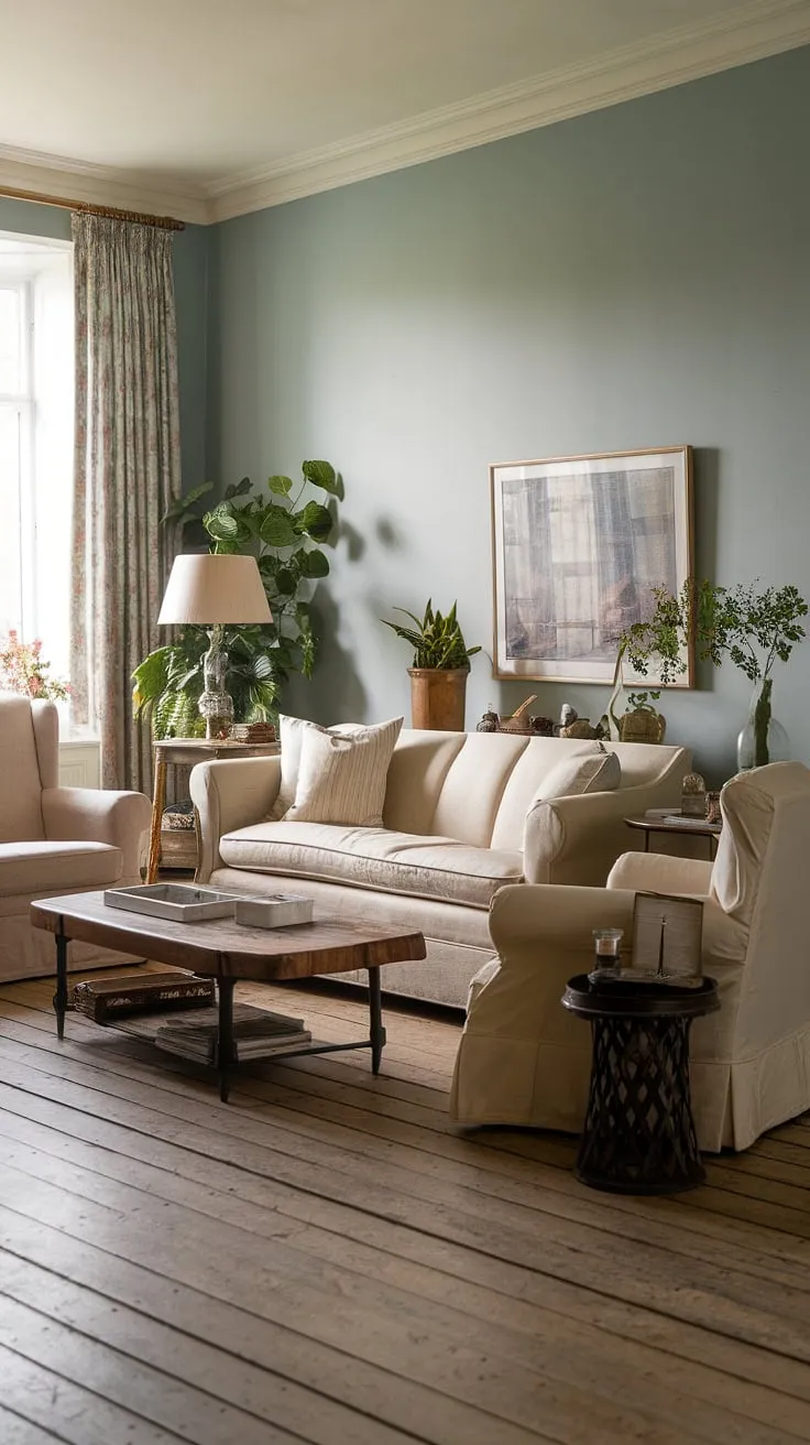Escape to the serenity of this country living room.  The elegant English country decor, featuring a calming colour palette and rustic wooden floors, defines the epitome of cottage living rooms. This space is a testament to the enduring appeal of English country style.