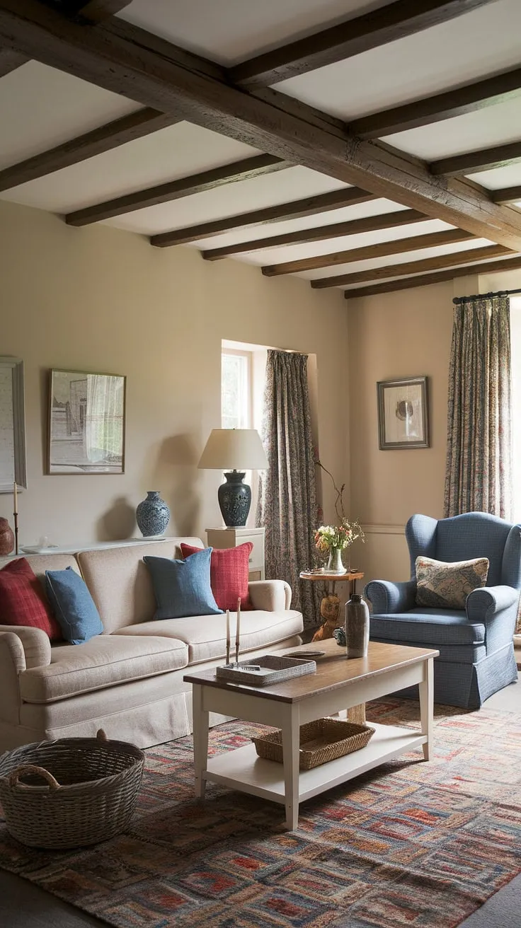 Escape to the tranquility of this English country decor-inspired cottage living rooms.  The warm beige walls and exposed wooden beams perfectly complement the comfortable furniture, creating a country house interior that's both inviting and stylish, a true testament to thoughtful lounge design.