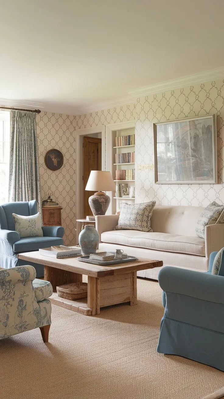 This country house interior showcases the quintessential English country style.  The thoughtfully curated details, from the cozy beige sofa to the charming blue armchairs, create a serene and elegant atmosphere in this delightful cottage living room.  A perfect example of refined lounge design within a country living room setting.