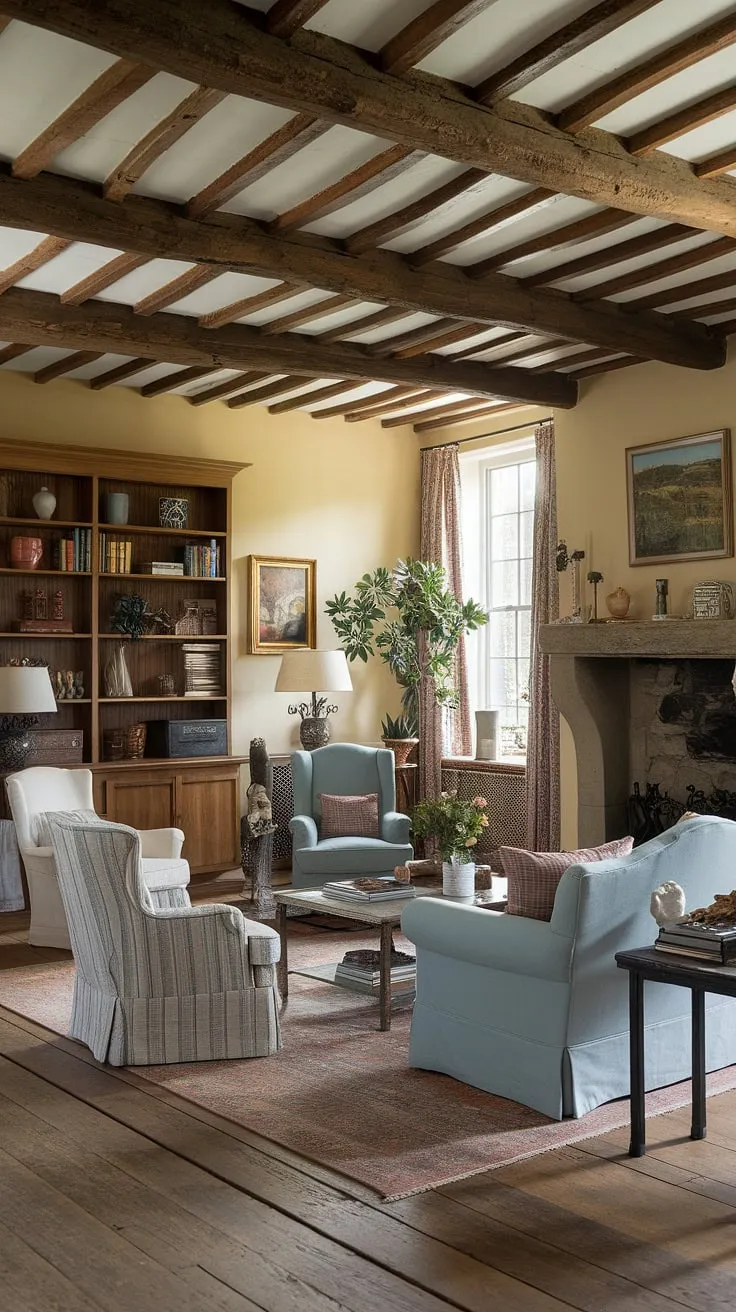 This English country style lounge design is the epitome of country house interior dreams.  The soft yellow walls, exposed wooden beams, and thoughtfully curated English country decor create a welcoming atmosphere in this idyllic cottage living room, perfect for relaxing evenings and cherished moments.