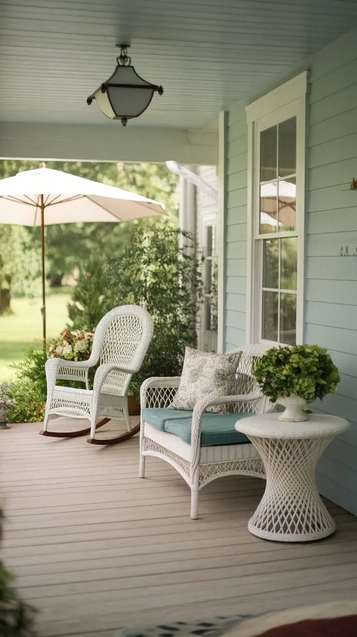 Cozy Country Porch Decor with Wicker Furniture and Greenery