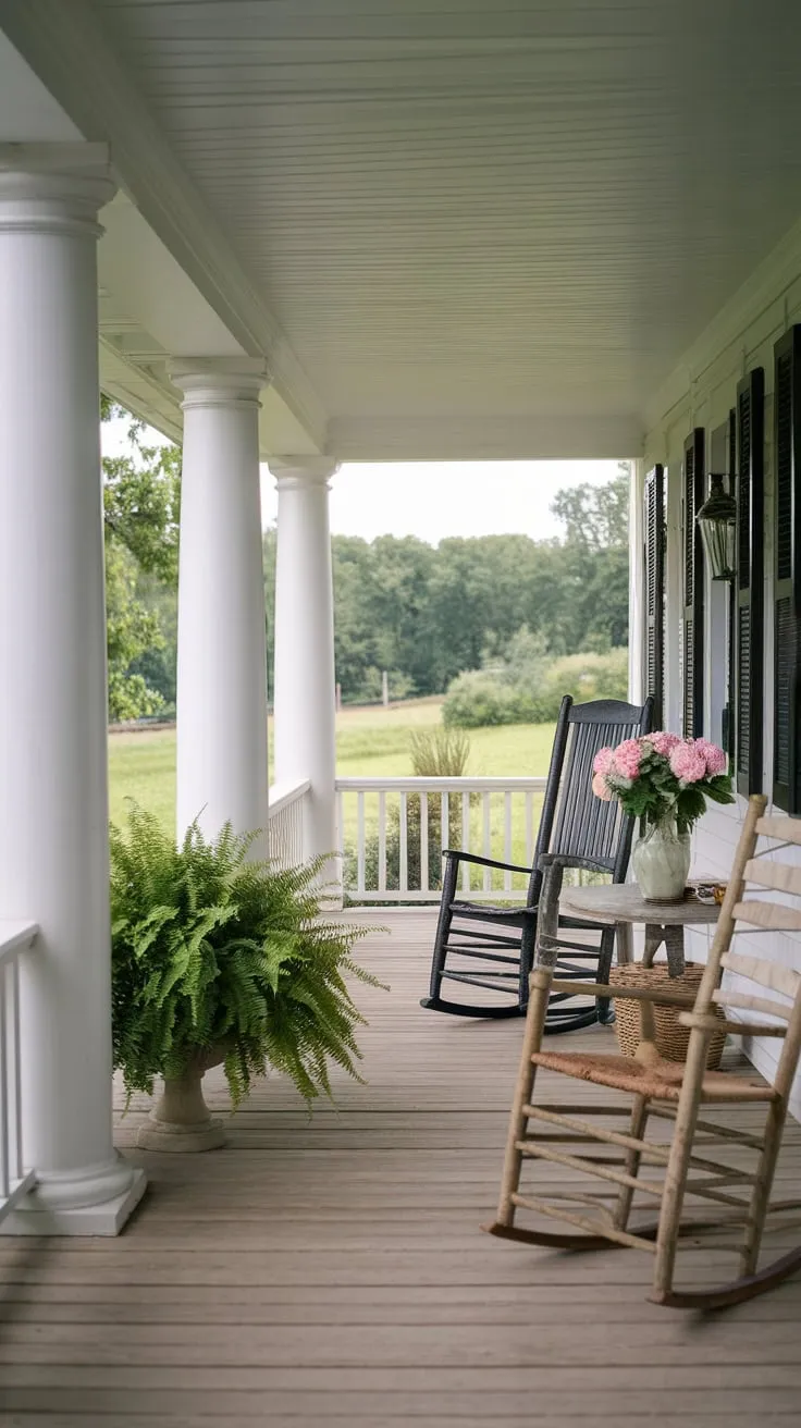 Rustic Retreat with White Columns and Lush Views