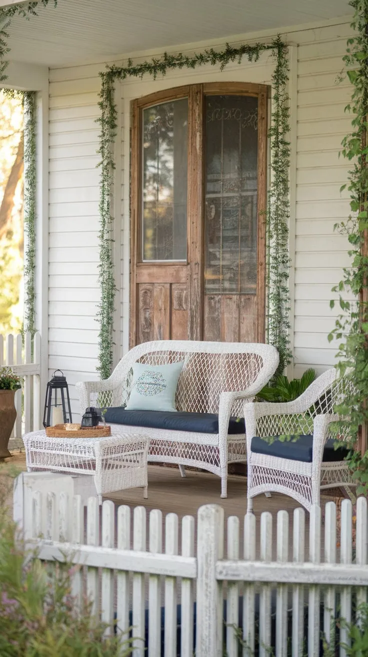 Charming Country Porch with Wicker Elegance