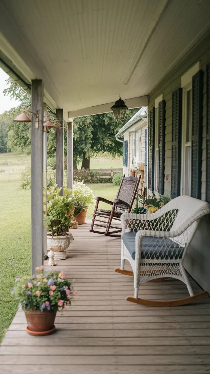 Cozy Cottage Porch with Wicker and Greenery