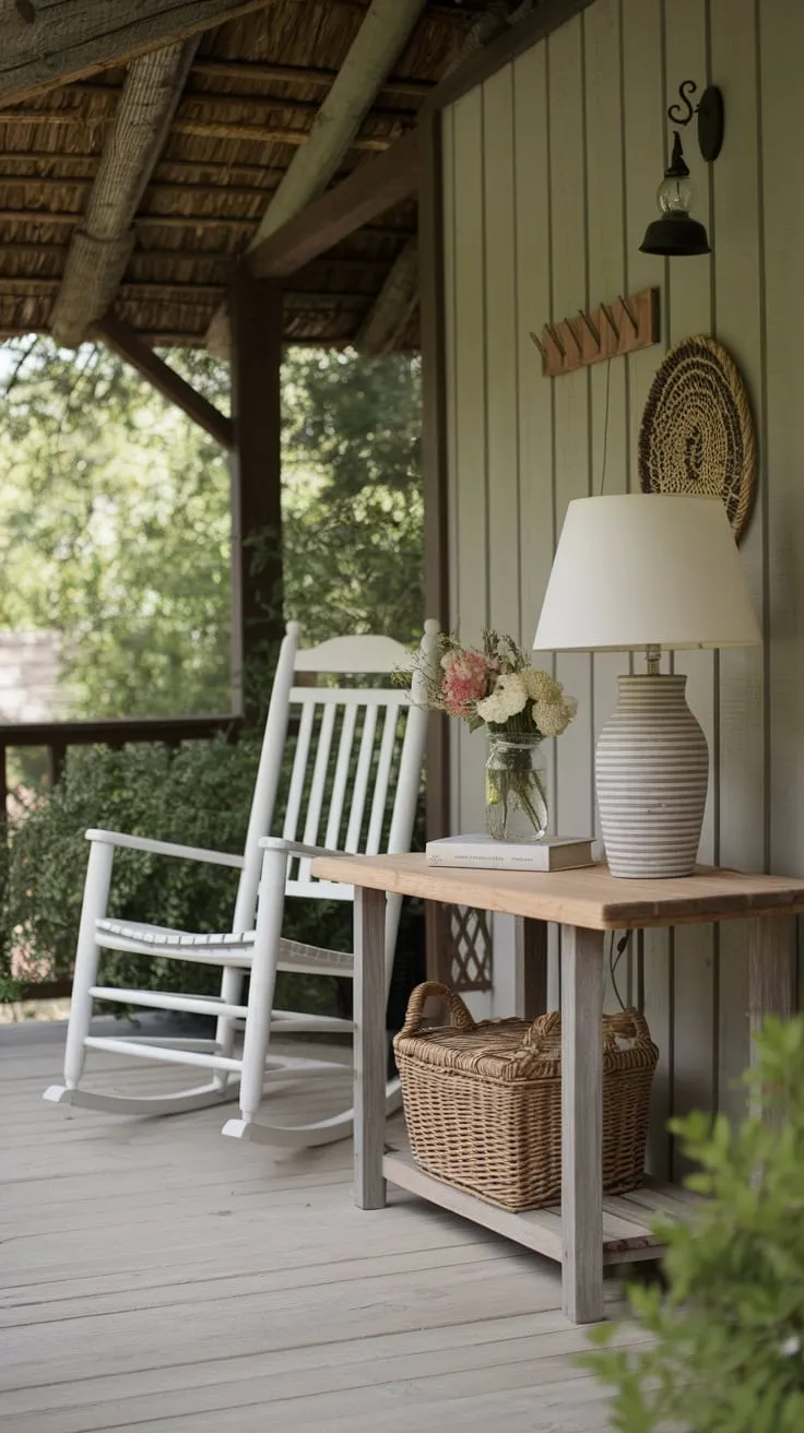Cozy Country Porch Decor with Rocking Chair and Flowers