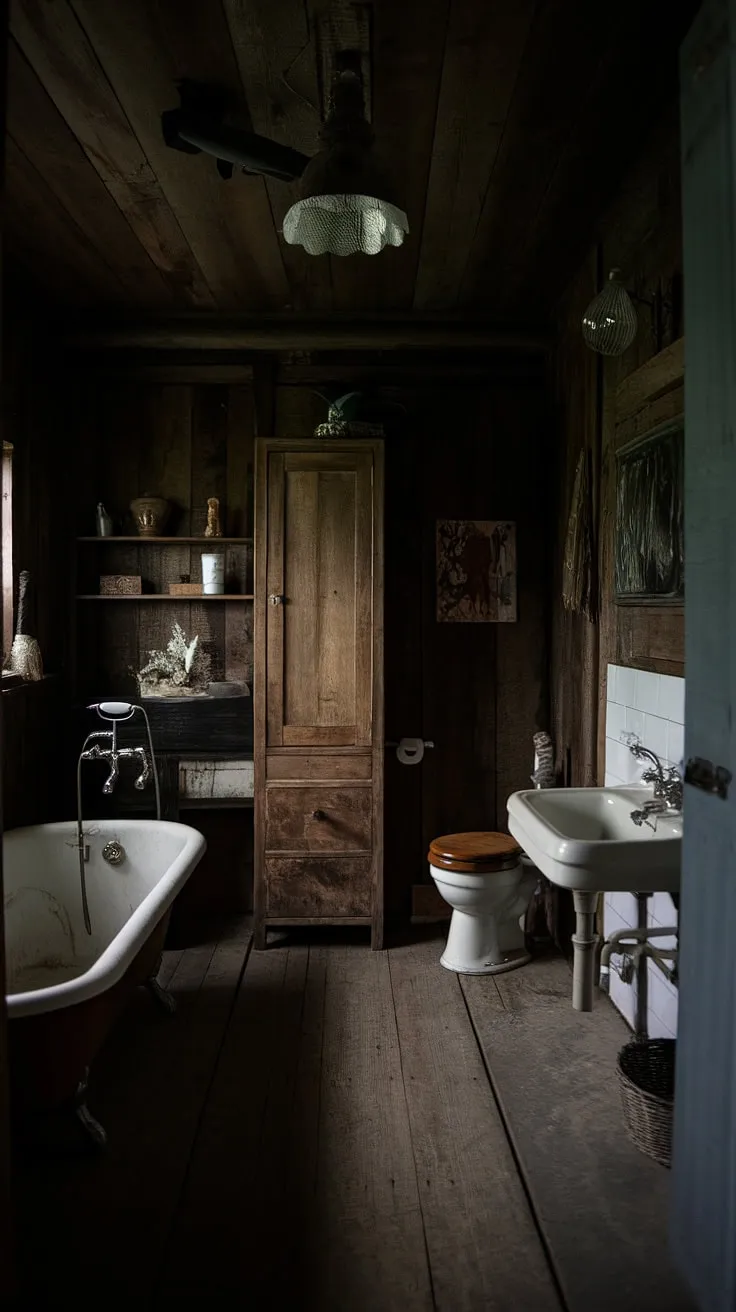 This old cabin bathroom whispers stories of simpler times. A dark, intimate space, it boasts a character all its own, from the rustic wooden ceiling to the antique sink and cast iron tub. Every detail, from the worn wood to the simple fixtures, speaks to a life lived fully and authentically. A true escape.