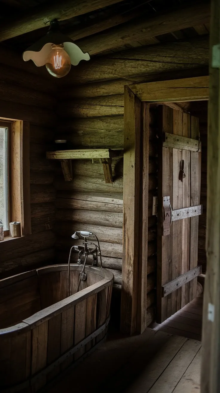 Bathed in the warm glow of a vintage light fixture, this rustic bathroom offers a unique escape. The log walls, wooden shelf, and antique tub create a space of unparalleled charm; a testament to simple elegance and timeless design. A perfect retreat.