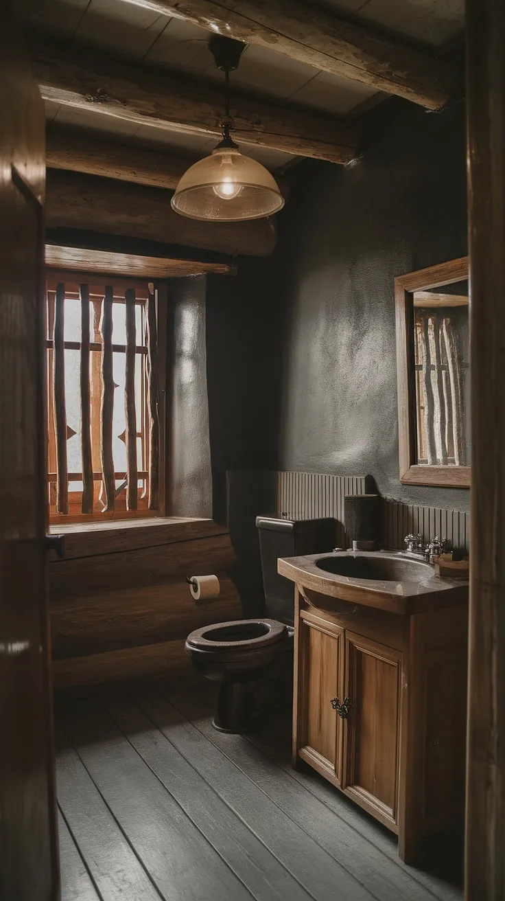 The dark wood and textured walls of this log cabin bathroom create a moody atmosphere, perfect for quiet contemplation. A vintage light fixture casts a warm, inviting glow, highlighting the handcrafted wooden sink and cabinet. A window with wooden bars offers a glimpse of the surrounding wilderness, completing this secluded and tranquil escape.