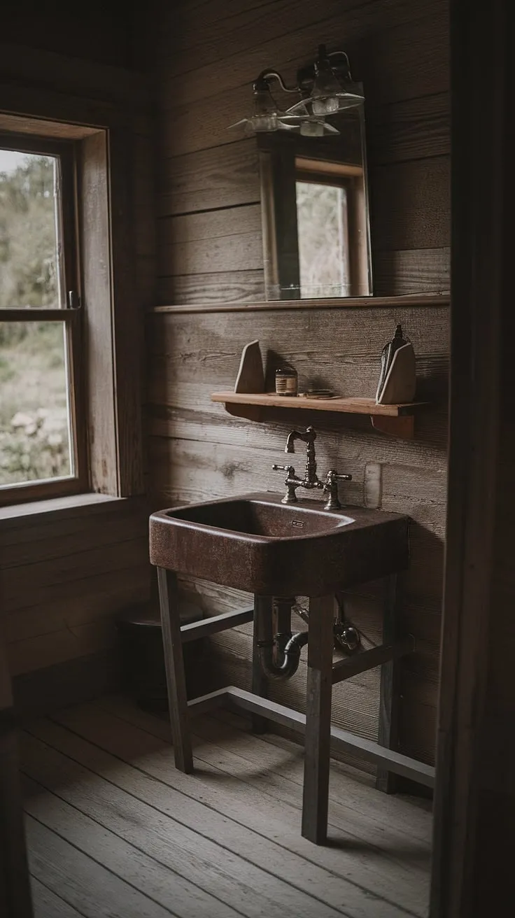 A moody elegance pervades this old cabin's bathroom. The warm wood, the vintage faucet, the glimpse of nature through the window-all contribute to a space of unparalleled tranquility. A truly unforgettable retreat.