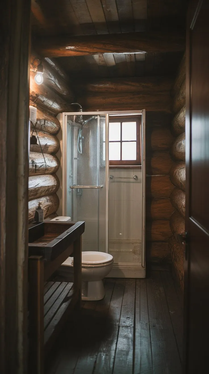 This old cabin bathroom whispers tales of simpler times. A worn wooden sink, the comforting sound of water from the shower, and the sturdy log walls all speak to a life lived close to nature. A truly unique and unforgettable space.