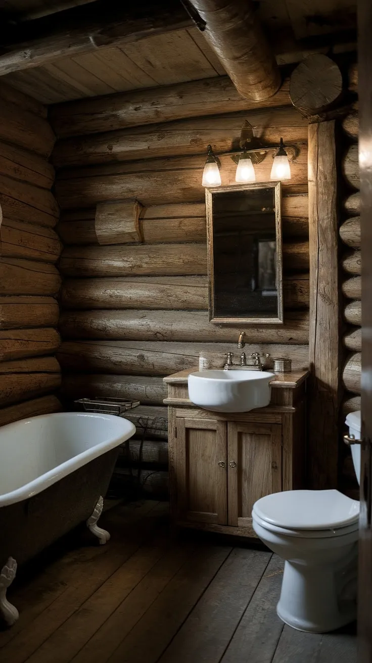 Step back in time and indulge in the rustic elegance of this cabin bathroom. The aged wood, vintage clawfoot tub, and soft lighting create a sanctuary of tranquility, a perfect escape from the everyday. A truly unique and unforgettable experience awaits.