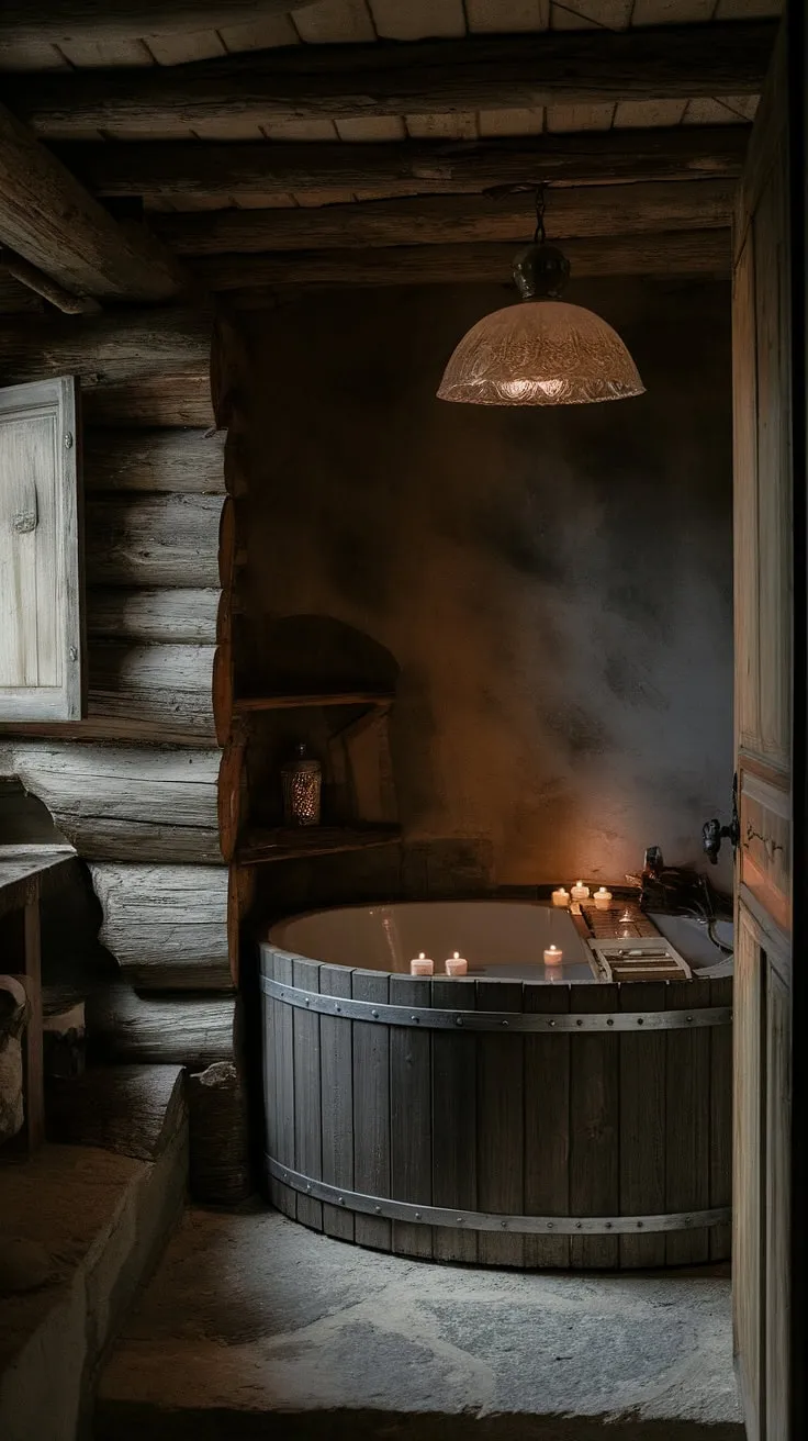 Submerged in serenity. The flickering candlelight dances on the aged wood of this rustic cabin bath, a sanctuary where time slows and worries fade away. The stacked logs whisper tales of a simpler life, a comforting contrast to the modern world outside. A perfect escape.