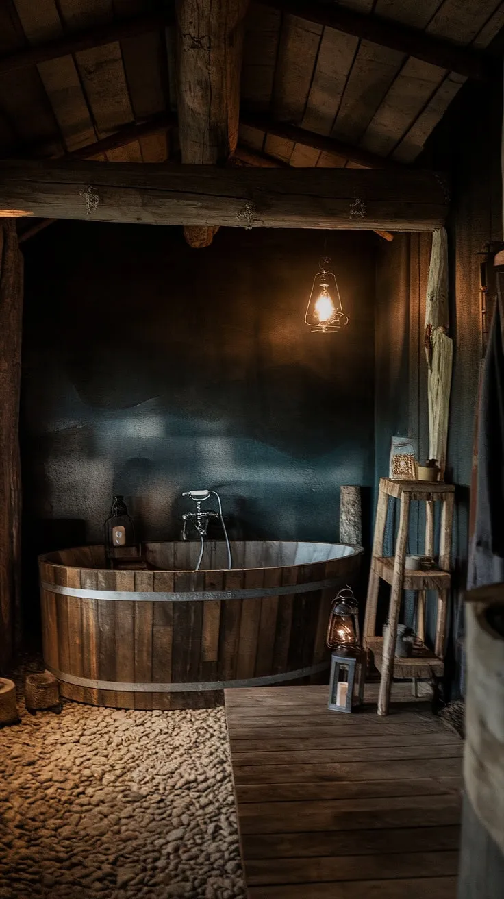 Escape to this rustic sanctuary, where the warmth of the wooden walls and the gentle glow of the vintage light fixture create a haven of tranquility. The pebble floor underfoot adds a grounding texture, enhancing the overall sense of serenity. A perfect place to unwind and reconnect.