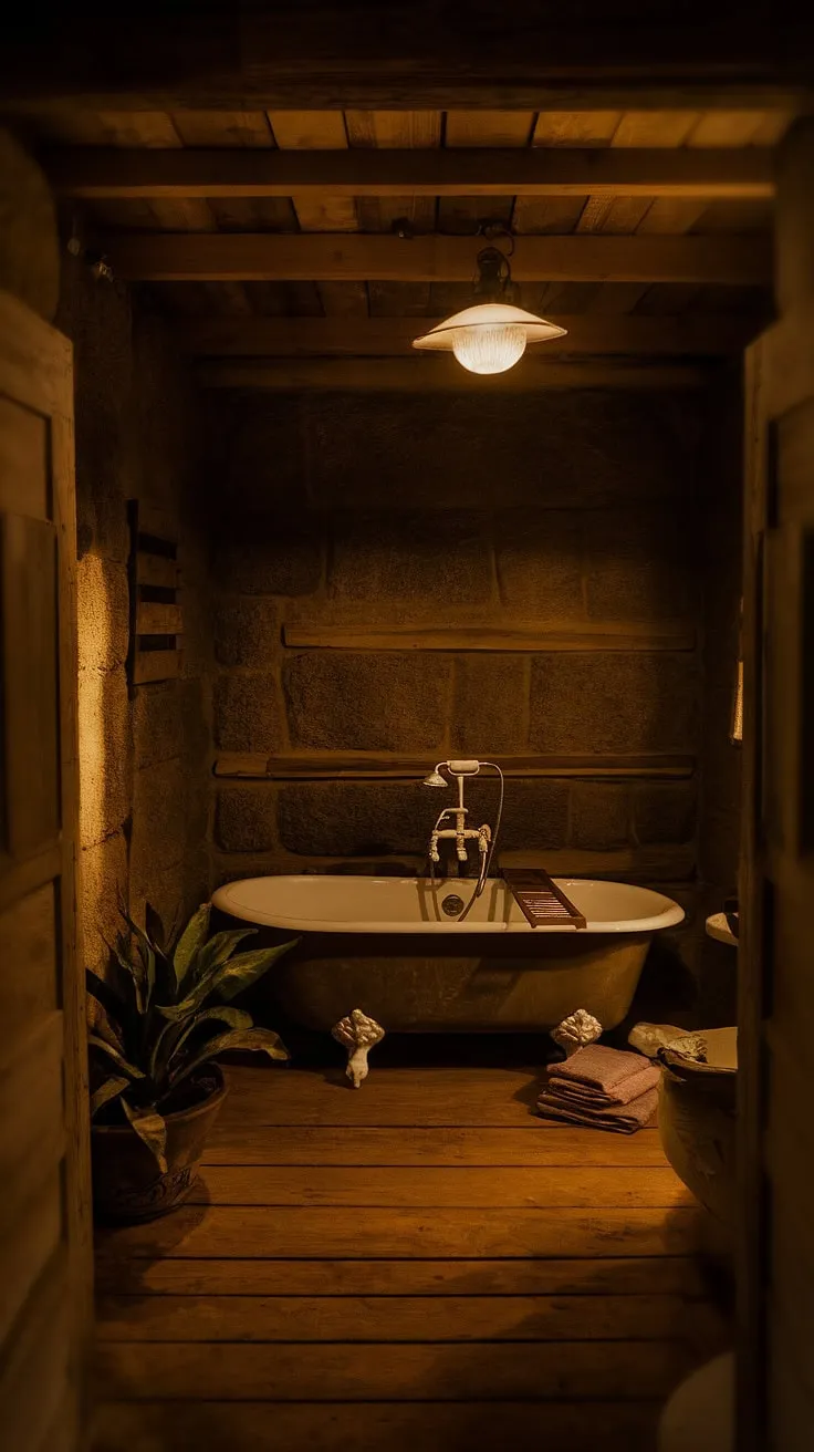 Rustic charm meets modern comfort in this dimly lit cabin bathroom. The aged stone walls and clawfoot tub create a serene atmosphere, perfect for unwinding after a day spent exploring the wilderness. A simple potted plant and neatly folded towels add a touch of warmth to this cozy sanctuary.
