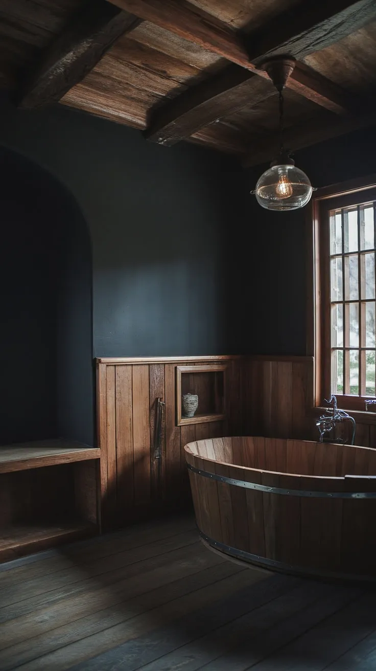 Dark, moody, and utterly captivating. This rustic bathroom's handcrafted details, from the wooden paneling to the vintage light fixture, create an atmosphere of unparalleled serenity. The aged wood and the strategically placed window add character and charm, making it a truly unique space.