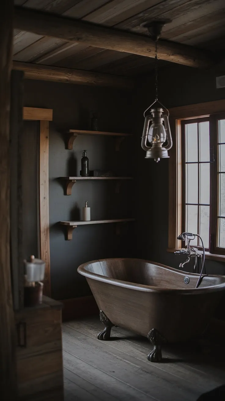 Escape to this moody, rustic retreat. The rich tones of the wood, from the ceiling to the freestanding bathtub, create a calming atmosphere. A vintage lantern casts a warm glow, enhancing the sense of serenity. A space where the everyday melts away, replaced by quiet contemplation and the promise of blissful relaxation.