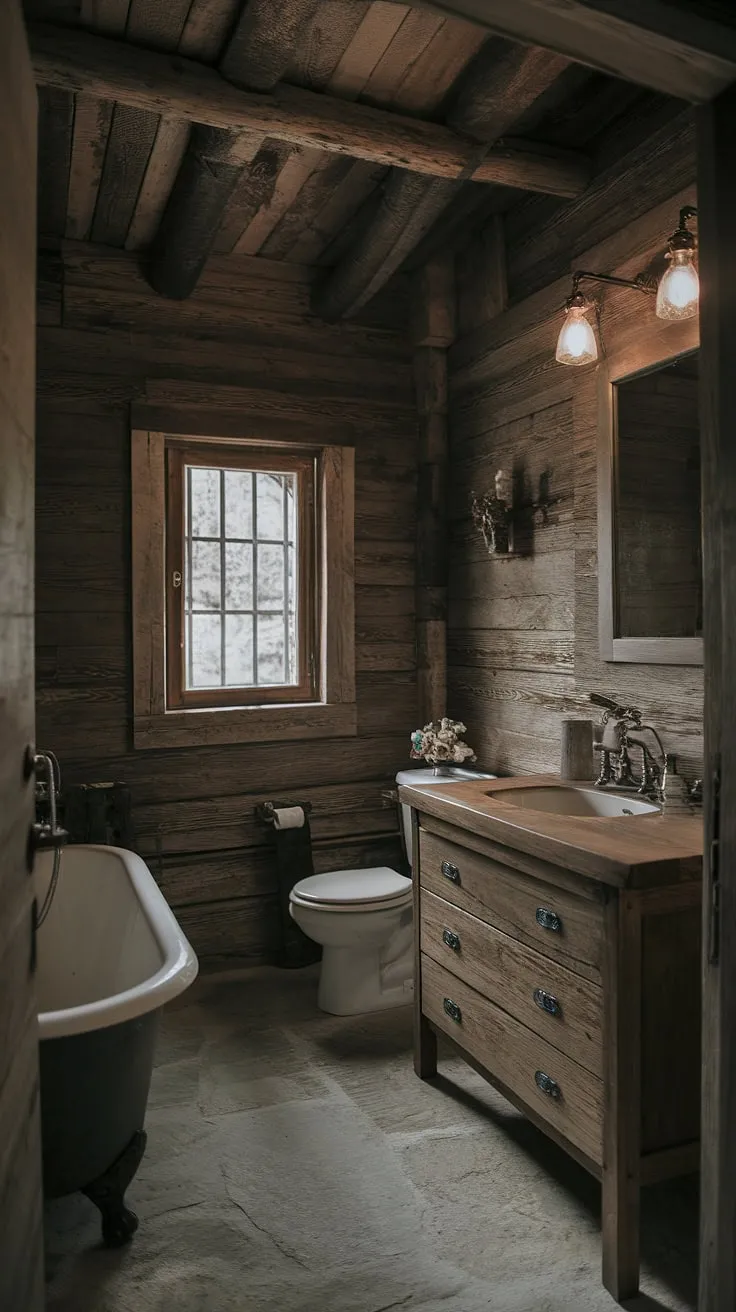 Escape to tranquility in this rustic cabin bathroom. The soft lighting, vintage tub, and wood-paneled walls create a moody ambiance perfect for unwinding after a day exploring the countryside. A sense of peace permeates every detail, from the stone floor to the charming window grate.