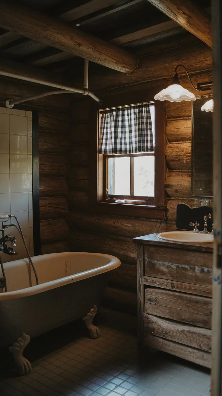 Indulge in the simple pleasures of this dark and moody cabin bathroom. The aged wood walls, vintage fixtures, and cozy clawfoot tub offer a unique and unforgettable bathing experience. A quiet retreat where you can reconnect with nature and yourself.