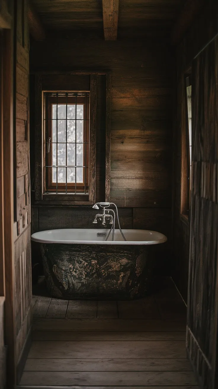 Lost in the quiet solitude of this rustic cabin bathroom, the aged wood whispers stories of bygone eras. The vintage tub, a testament to simpler times, promises a soothing escape from the world outside. A sanctuary of peace, found in the heart of nature.