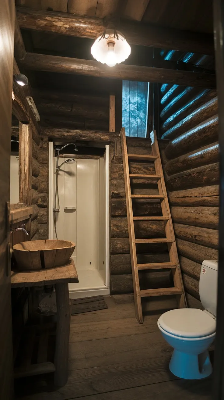 Escape to this secluded cabin bathroom, where the rough-hewn logs and vintage fixtures whisper tales of simpler times. A space designed for relaxation and rejuvenation, it offers a unique blend of rustic charm and understated luxury. A truly unforgettable retreat.