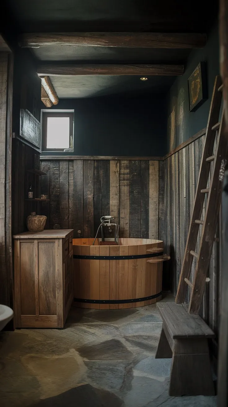 Submerged in serenity. The rich textures of dark wood and stone create a sanctuary where the worries of the day melt away, leaving only the quiet whisper of falling water. A haven of rustic charm, this bathroom is a testament to simple elegance.