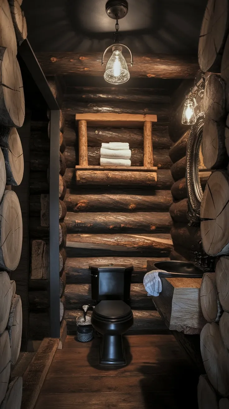 Indulge in the rustic elegance of this moody bathroom, where the warmth of the log walls and the soft glow of the vintage light fixture create a sanctuary of tranquility. A plush white towel rests invitingly on the wooden shelf, adding a touch of understated luxury to this uniquely designed space. A perfect blend of rugged charm and sophisticated simplicity.