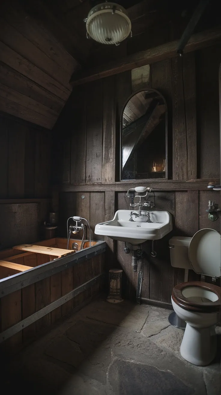 Indulge in the rustic charm of this dimly lit bathroom. A haven of dark wood and aged stone, it offers a unique escape from the everyday. The vintage details, from the clawfoot tub to the antique faucet, tell a story of timelessness and character; a space designed for quiet contemplation.