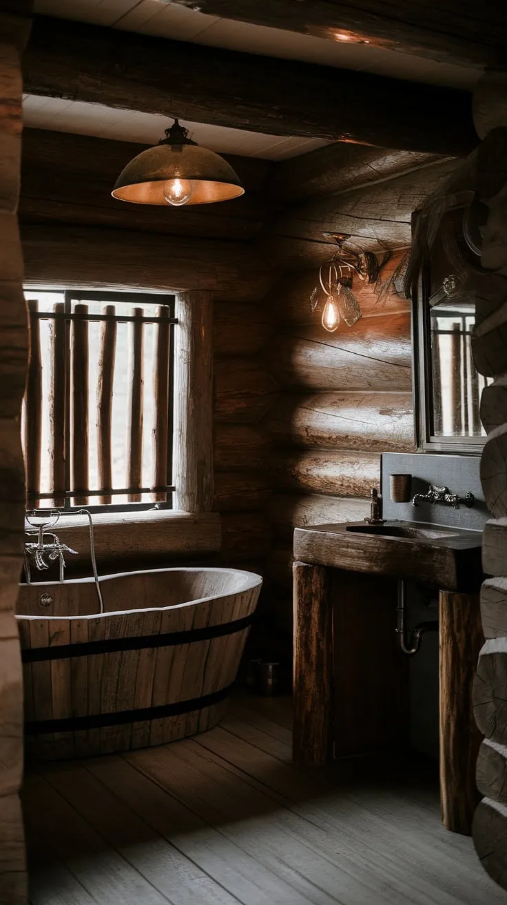 Indulge in tranquility. This rustic log cabin bathroom, with its aged wood bathtub, vintage lighting, and cozy ambiance, offers a sanctuary for the soul. The natural light filtering through the barred window completes the perfect escape.