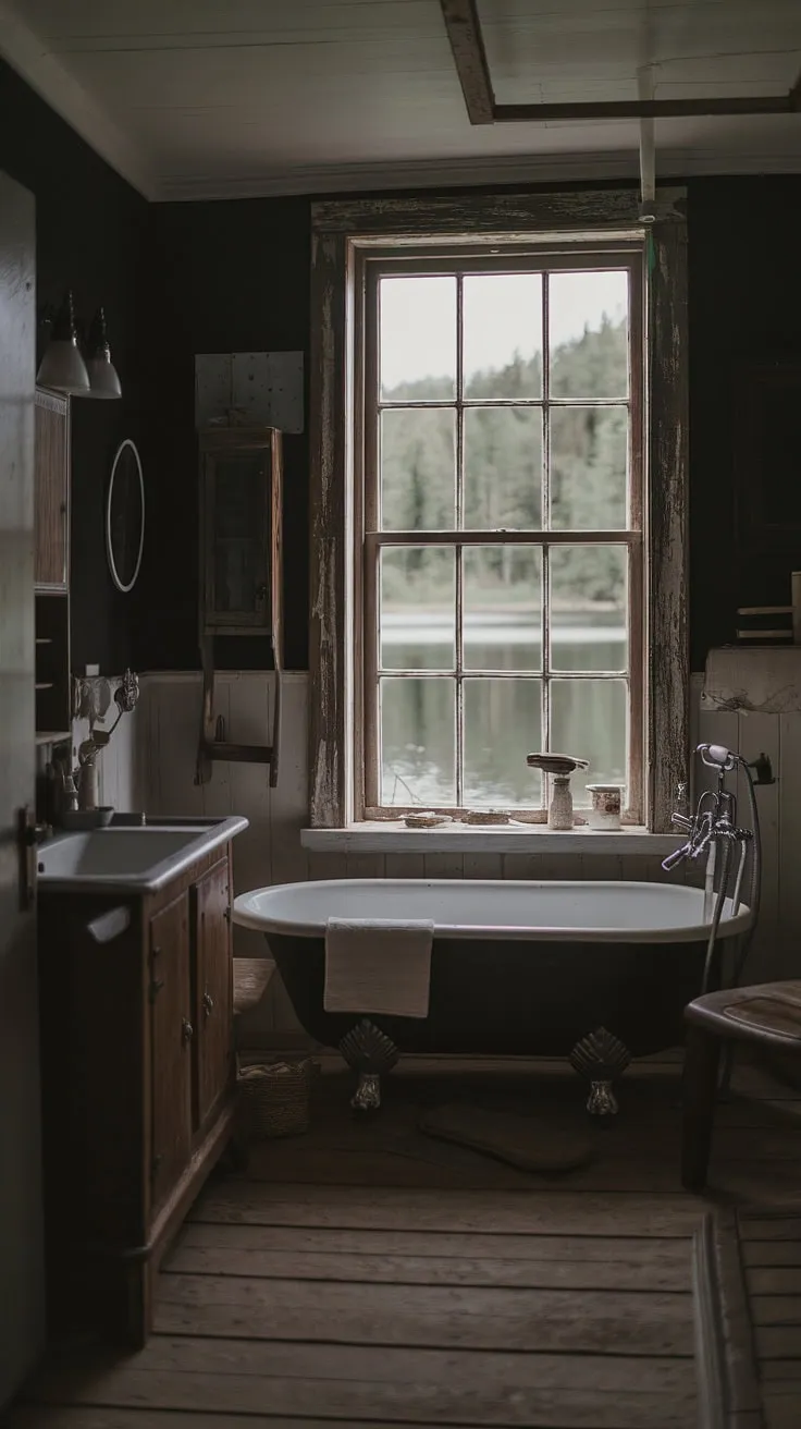Find solace in this rustic cabin bathroom, where the deep hues of the wood and stone are softened by the gentle light filtering through the large window overlooking the serene lake. The clawfoot tub, vintage sink, and wooden cabinet whisper tales of simpler times, creating a sanctuary for quiet contemplation. A perfect escape.