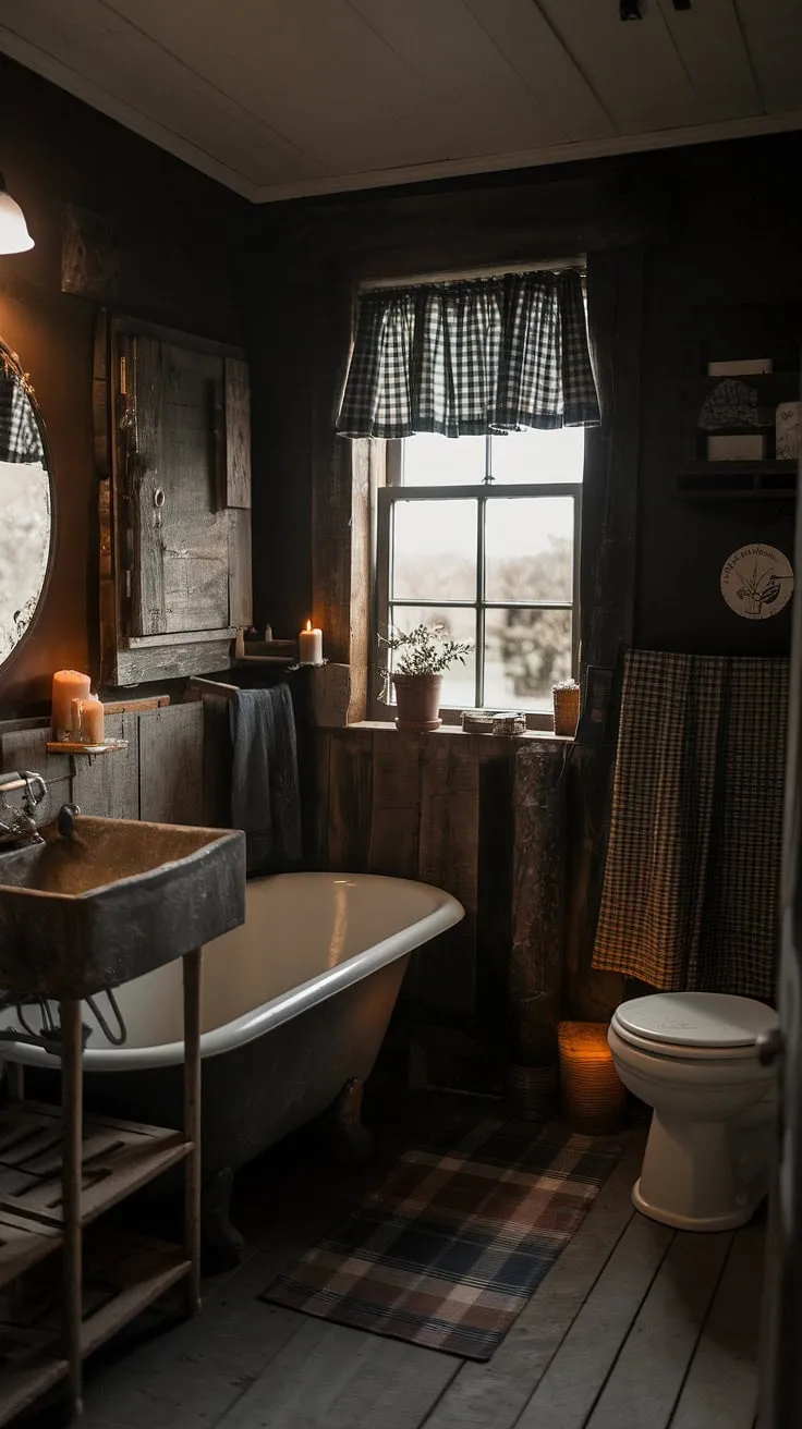 Indulge in the moody elegance of this country bathroom. Dark wood, a vintage clawfoot tub, and a checkered window add character and charm. A place to unwind and reconnect with nature's rhythm, this space offers a unique escape from the everyday. A truly restorative retreat.