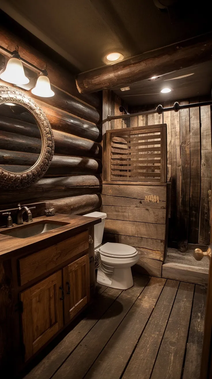 Indulge in the rustic elegance of this country bathroom. The dark, moody atmosphere, complemented by the rich wood tones and a thoughtfully designed space, offers a truly unique and inviting retreat. A place to unwind and reconnect.