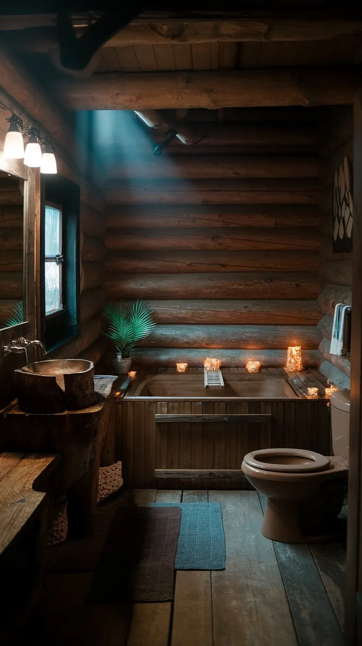 Escape to this dimly lit haven, where the scent of pine and the warmth of the wooden walls create an atmosphere of unparalleled serenity. The rustic details, from the handcrafted sink to the cozy potted plant, speak to a simpler, more soulful way of life. A truly unforgettable experience.