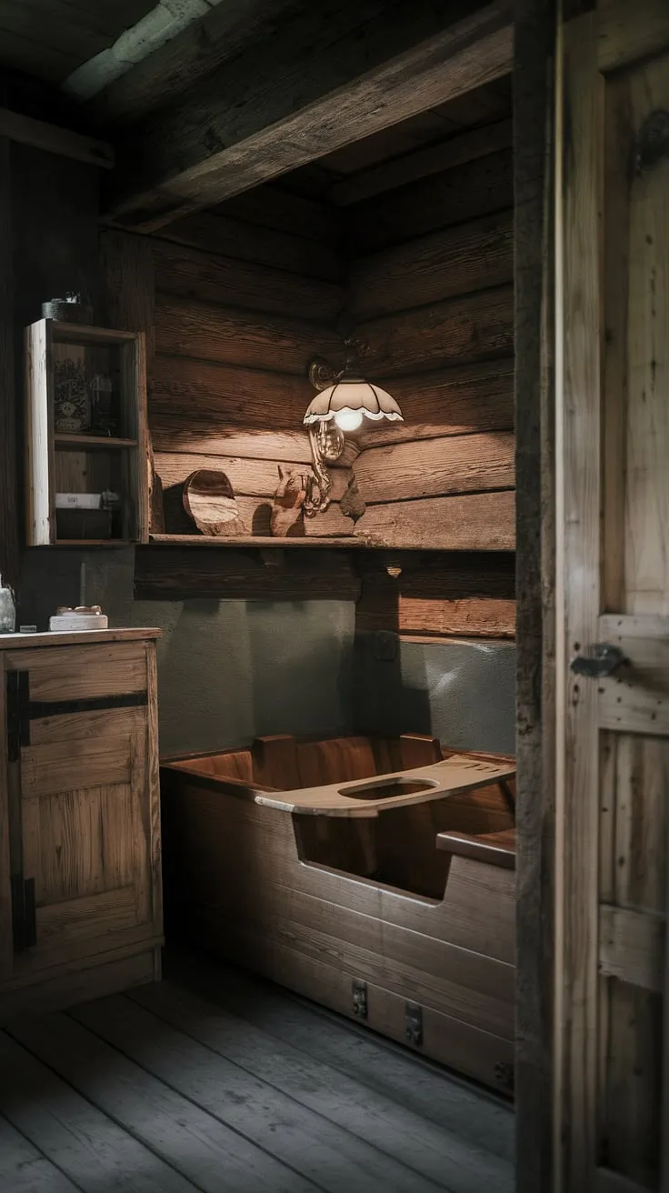 The scent of pine and the whisper of history fill this rustic cabin bathroom. A clawfoot tub, worn smooth by time, invites a long soak under the soft glow of a vintage lamp. A simple wooden shelf and cabinet hold the necessities, a testament to a life lived simply and beautifully.