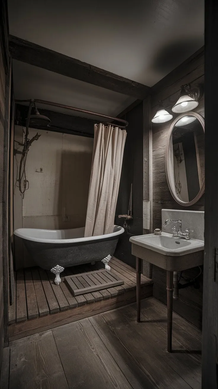 A dimly lit haven of wood and water. This rustic cabin bathroom, with its clawfoot tub and vintage details, offers a unique blend of comfort and character. A truly unforgettable experience awaits.
